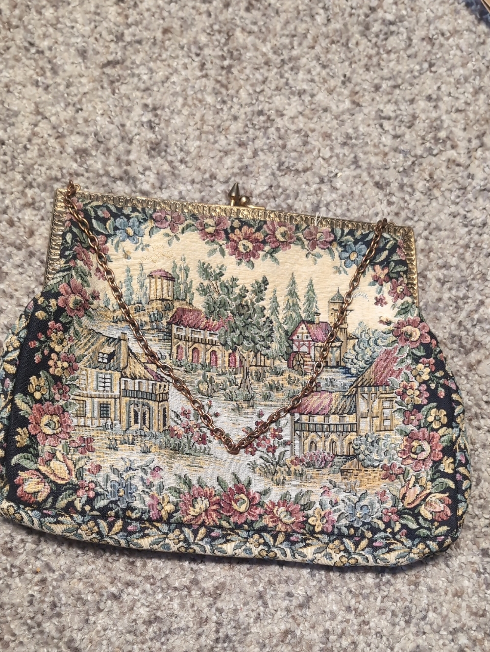 Vintage Tapestry Floral Village Evening Bag with Gold Chain Made In France